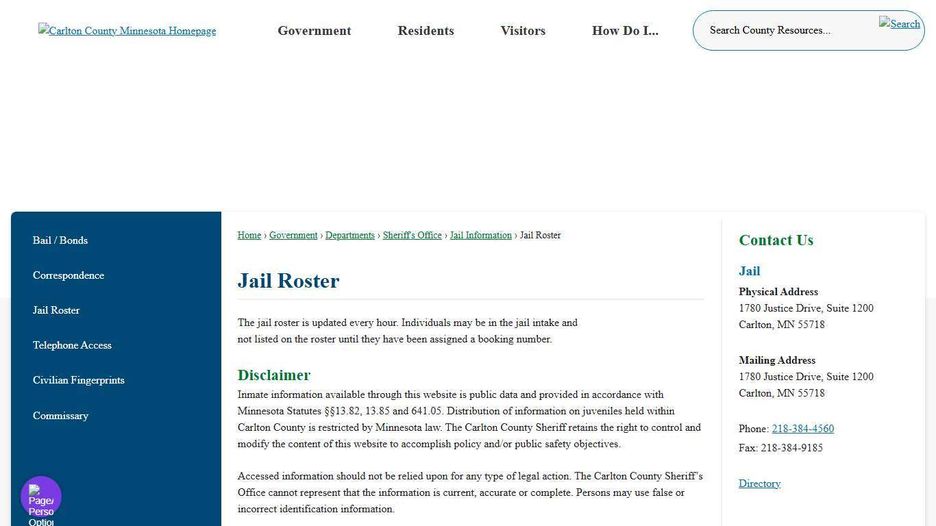 Jail Roster | Carlton County, MN